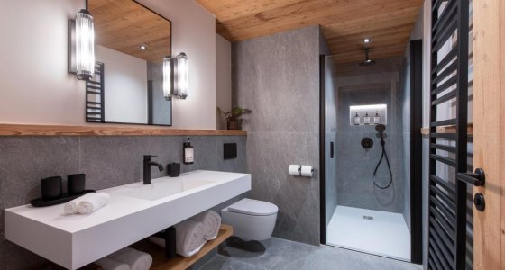 En-suite shower room with long white basin and walk-in shower in Apartment Abeille, Morzine