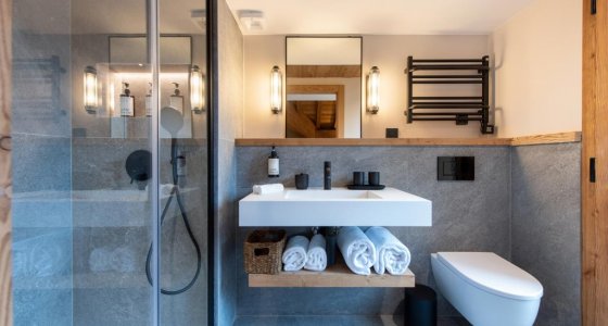 Modern shower room with glass shower, basin and heated towel rail in Apartment Chamossière, Morzine