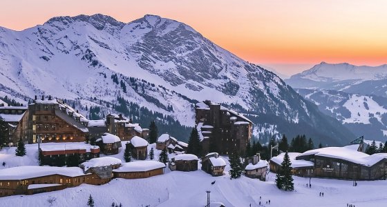 Sunset over Avoriaz chalets and mountains