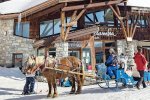 Horse-drawn sleigh outside Hotel Belambra in car-free Avoriaz