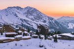 Sunset over Avoriaz chalets and mountains